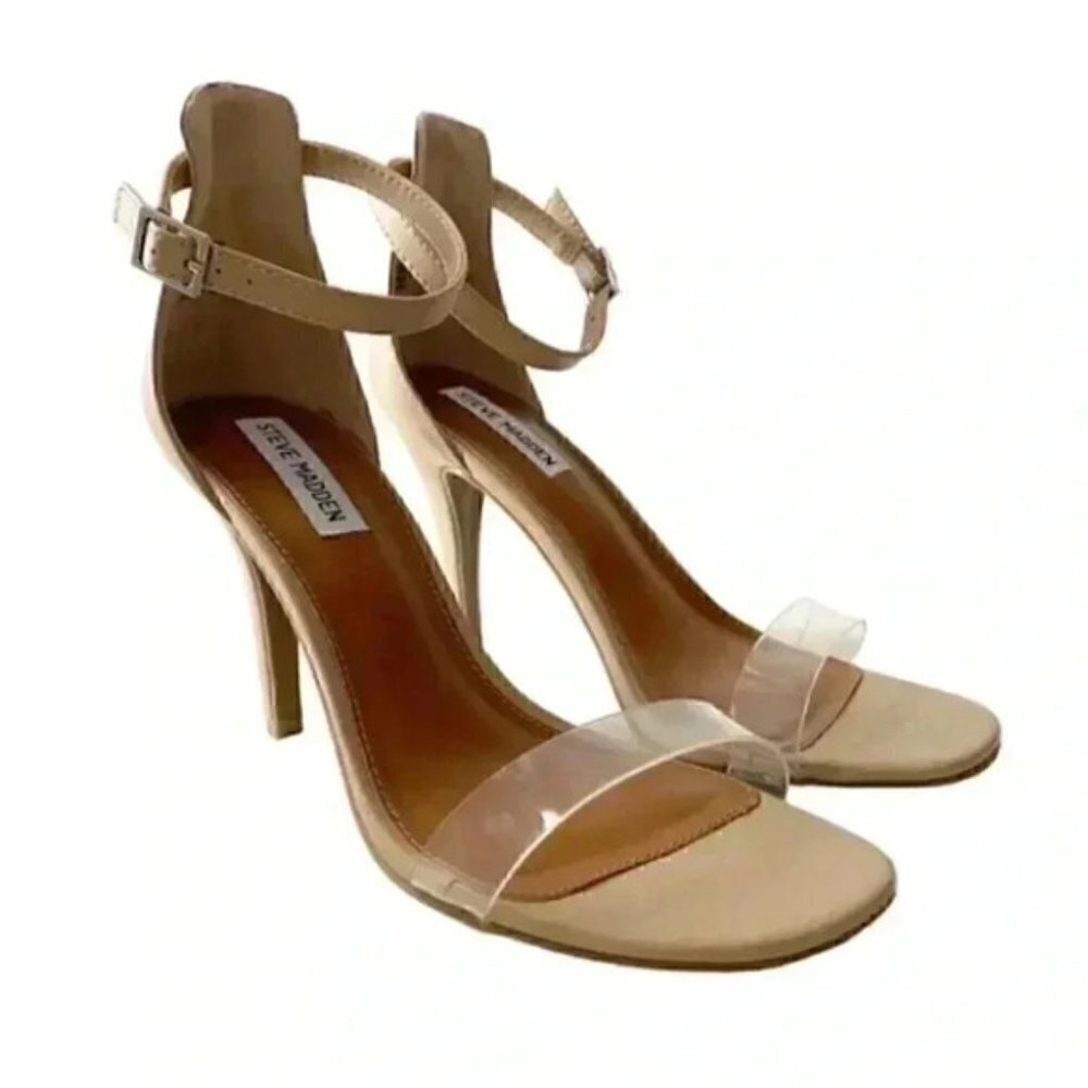 Steve Madden Nude Translucent Vinyl High Heel Ankle Strap Minimalist Sandals 9 - Picture 2 of 15